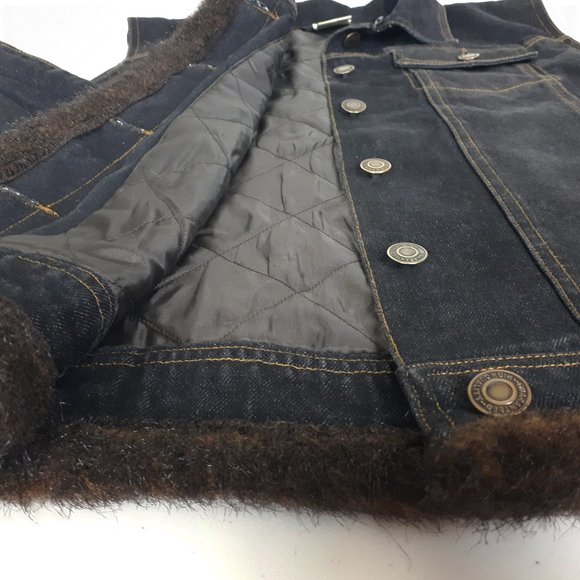 St. John's Bay Black Light-wash Denim Brown Faux Fur Trim Vest - Picture 11 of 14